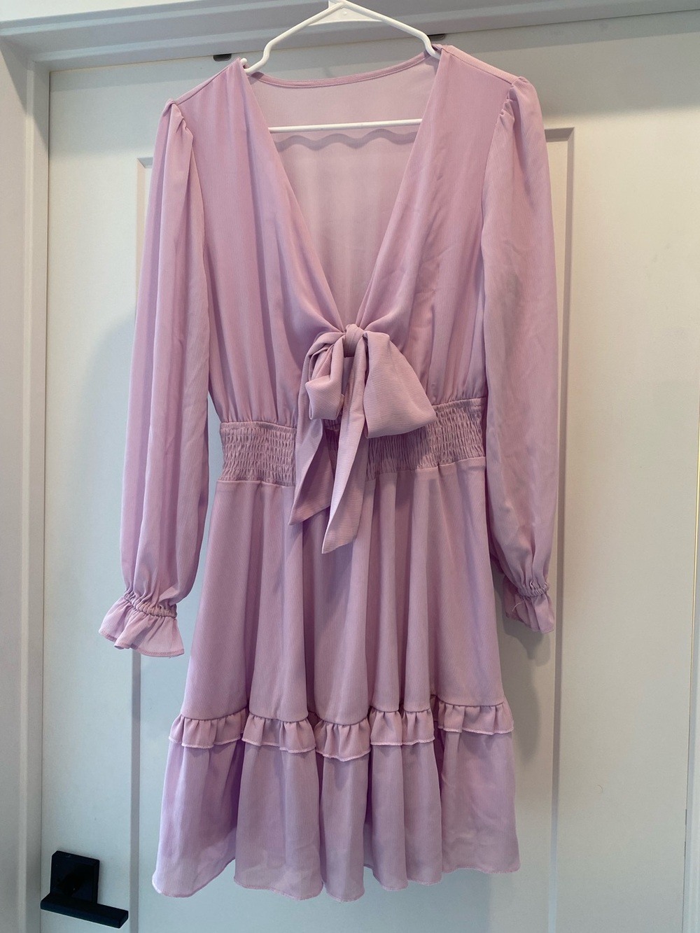 Lilac Tie-Front Long Sleeve Ruffle Dress